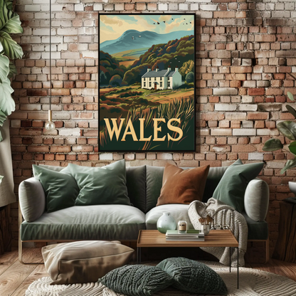Wales Country Home and Hillside Travel Poster