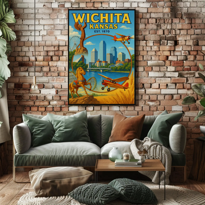 Wichita Kansas Skyline Airplane River Horse Poster Poster