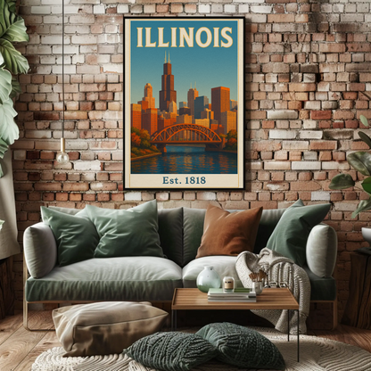 Vintage Inspired Illinois Landmarks and Culture Travel Poster