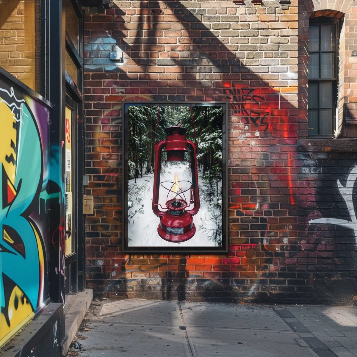 Red Lantern in Snowy Forest Adventure Travel Poster