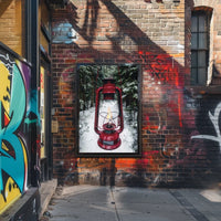 Red Lantern in Snowy Forest Adventure Travel Poster