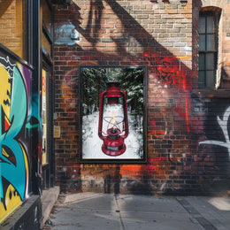 Red Lantern in Snowy Forest Adventure Travel Poster