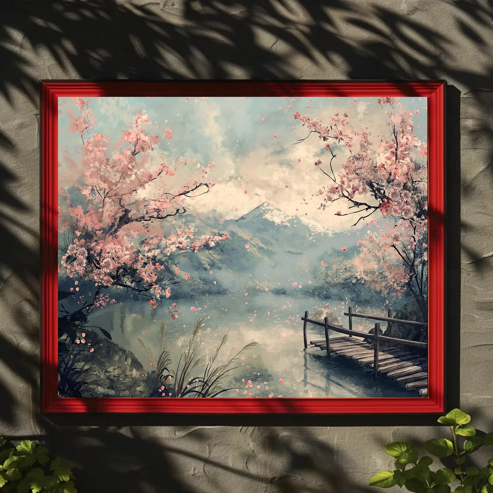 Serene Cherry Blossom Lake: Japanese Impressionist Poster