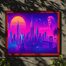 New York Neon City Skyline Dreamscape Poster Retro Wall Art