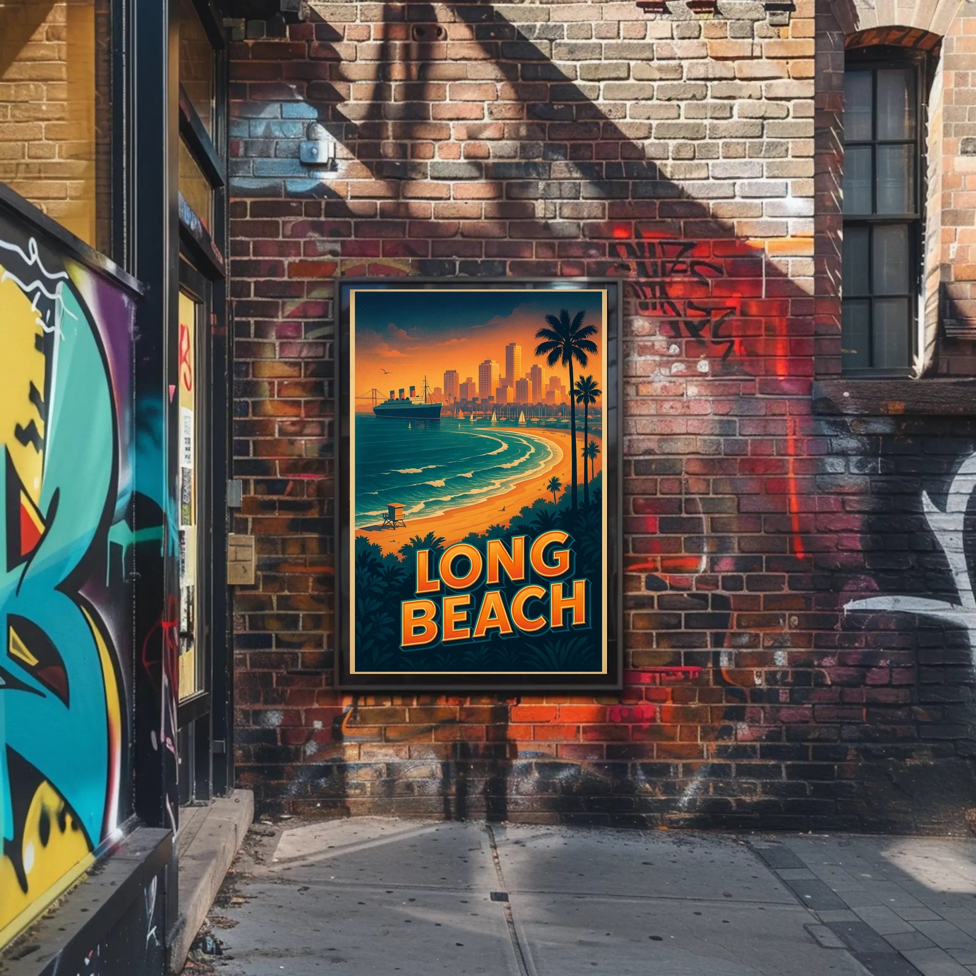 Long Beach Sunset Retro Travel Poster