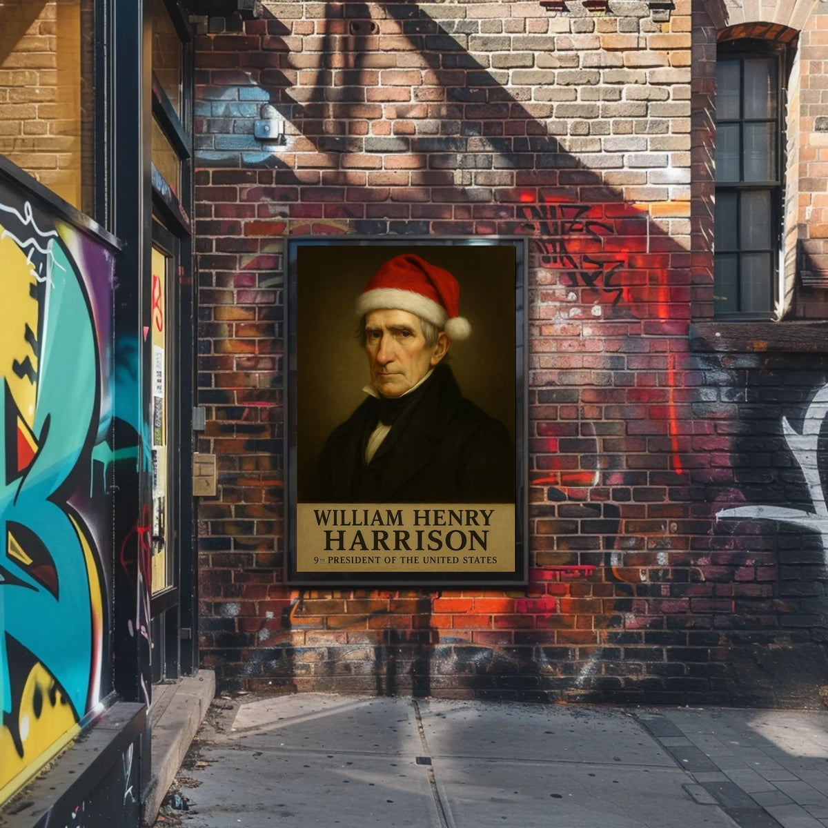 The poster depicts a stylized portrait of William Henry Harrison, the 9th President Travel Poster
