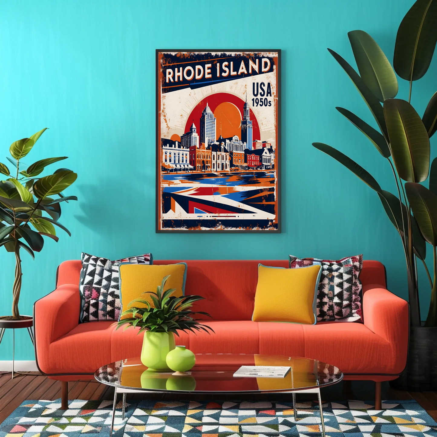 Rhode Island USA 1950s Waterfront Skyline Vintage Travel Poster