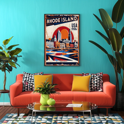 Rhode Island USA 1950s Waterfront Skyline Vintage Travel Poster