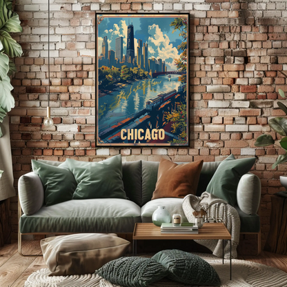 Chicago Train City Buildings Waterfront Skyline Travel Poster