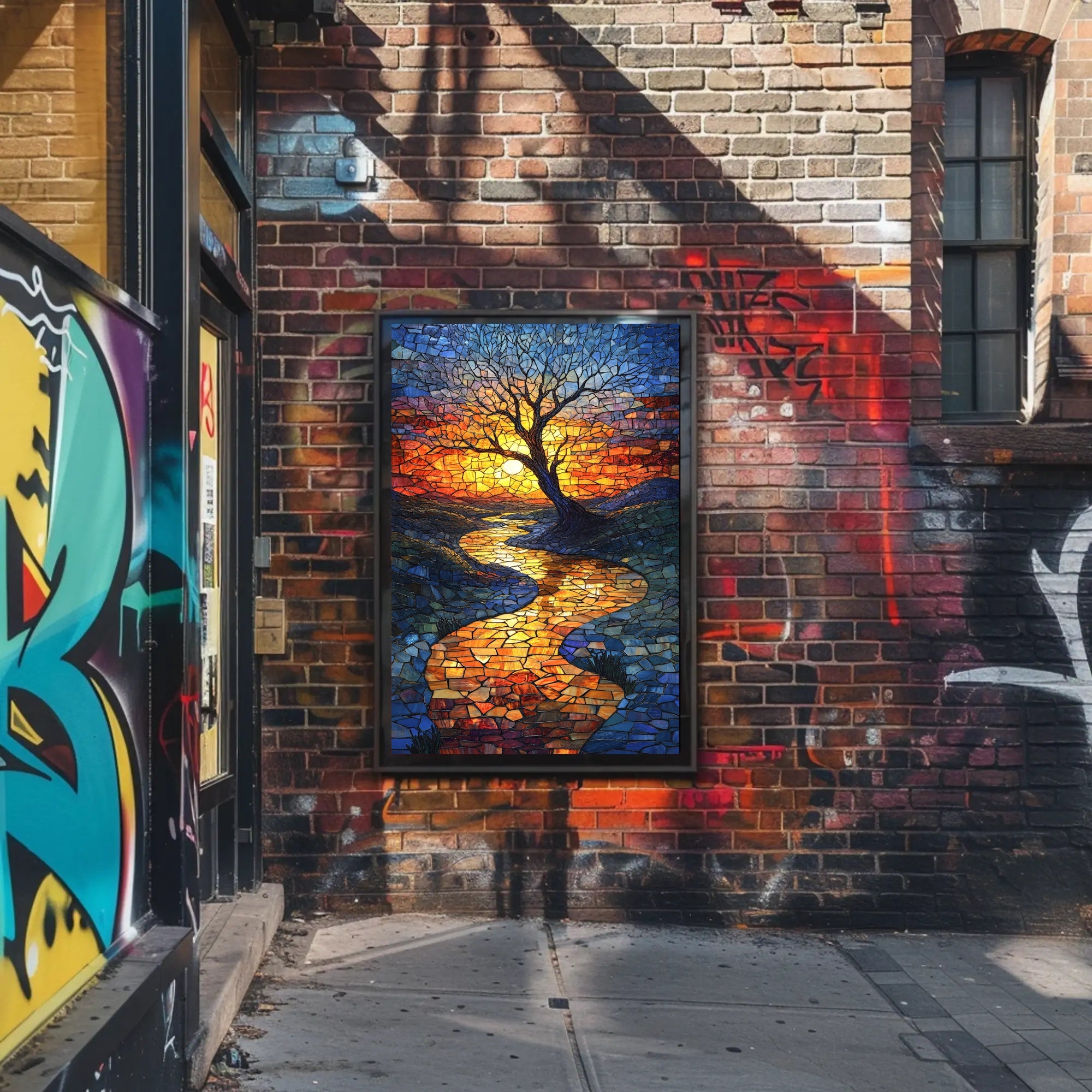 Vibrant Mosaic Sunset Landscape Artistic Poster
