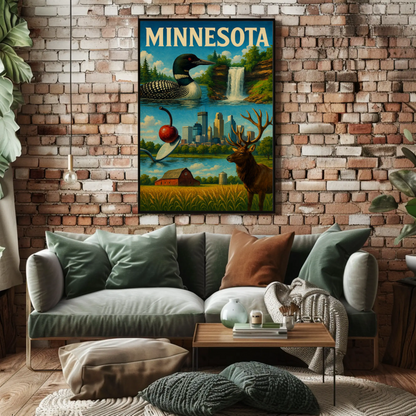 Minnesota State Symbols City Nature Blend Vintage Travel Poster