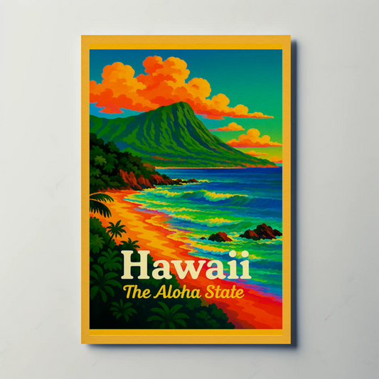 Hawaii Aloha State Colorful Coastline Travel Poster