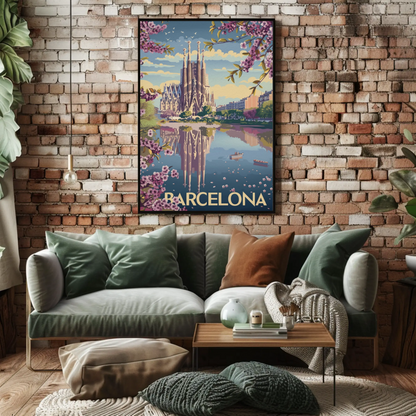 Barcelona Spain Blossoms and Cathedral Travel Poster