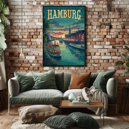 Hamburg Riverfront Twilight Travel Poster