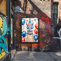 Playful watercolor of a llama wearing a stars and stripes hat and sunglasses standing in front of bunting and balloons in red white and blue Poster