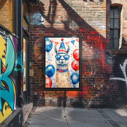 Playful watercolor of a llama wearing a stars and stripes hat and sunglasses standing in front of bunting and balloons in red white and blue Poster