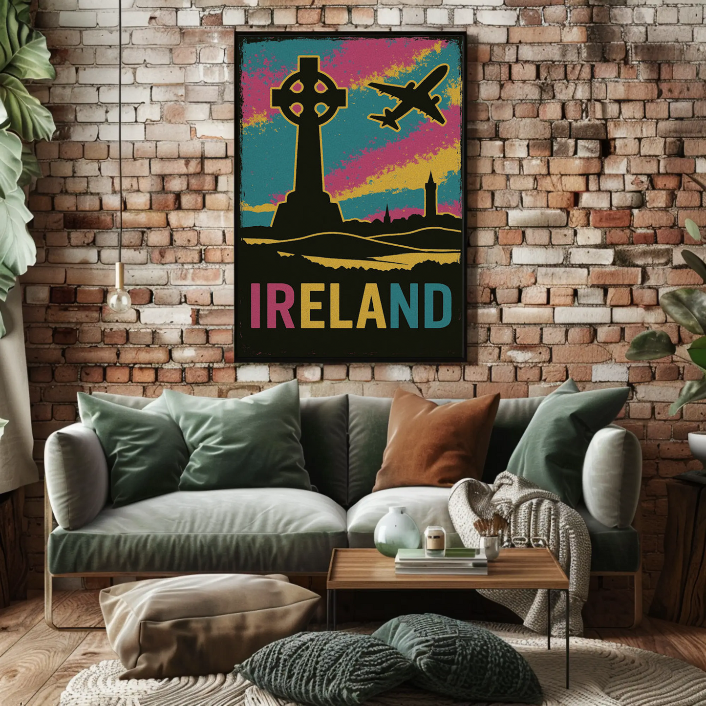 Ireland Celtic Cross Air Travel Retro Poster