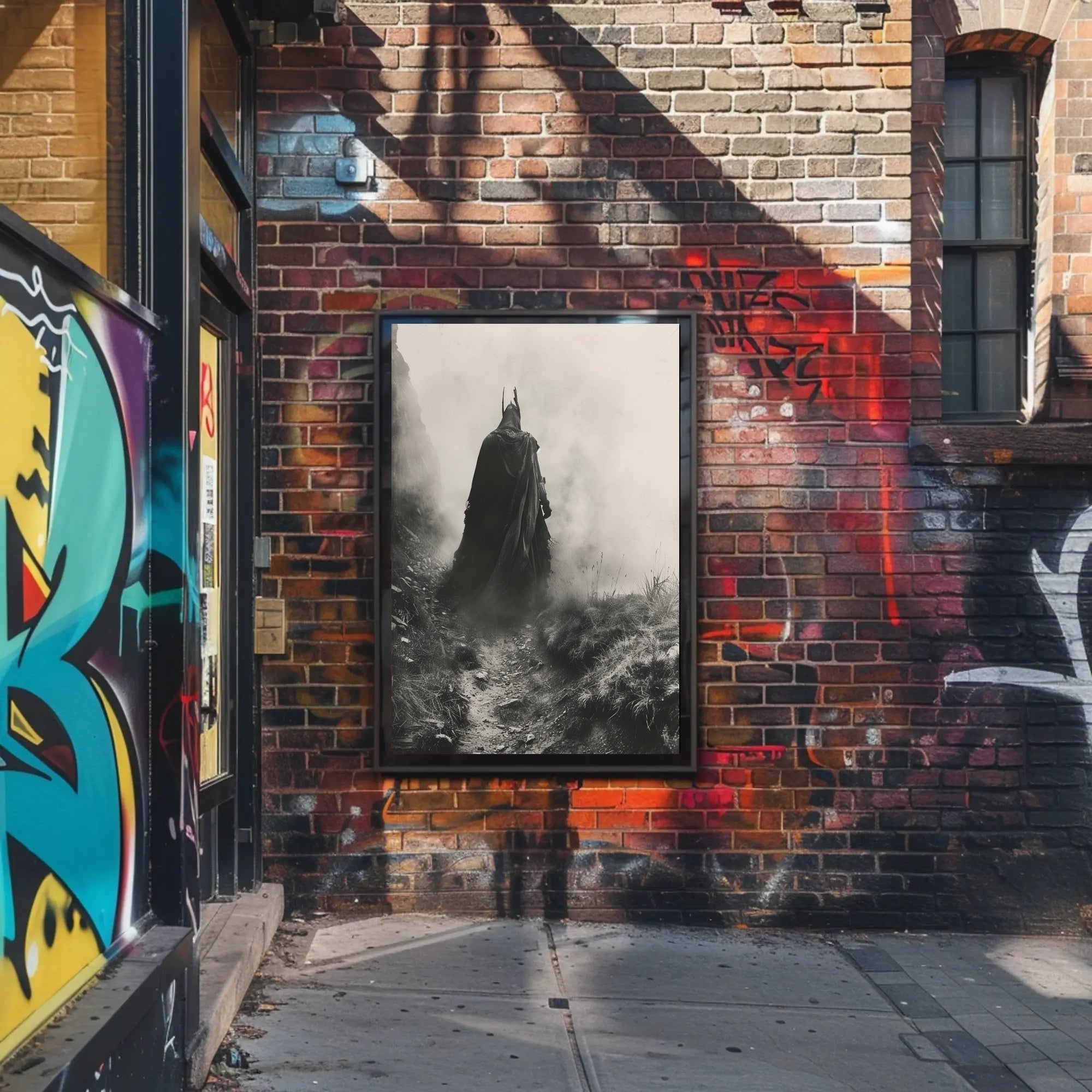 Mysterious Cloaked Figure in Foggy Terrain Fantasy Poster PosterGoat