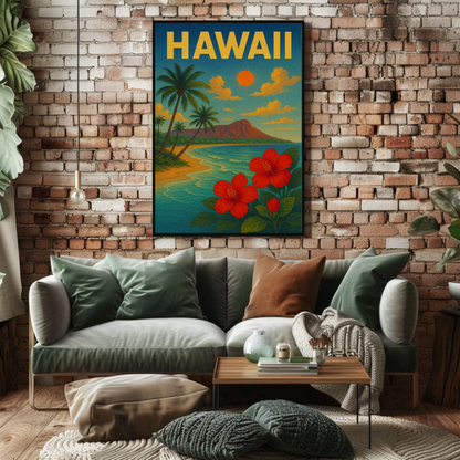 Hawaii Sunset Coastline Hibiscus Beach Travel Poster