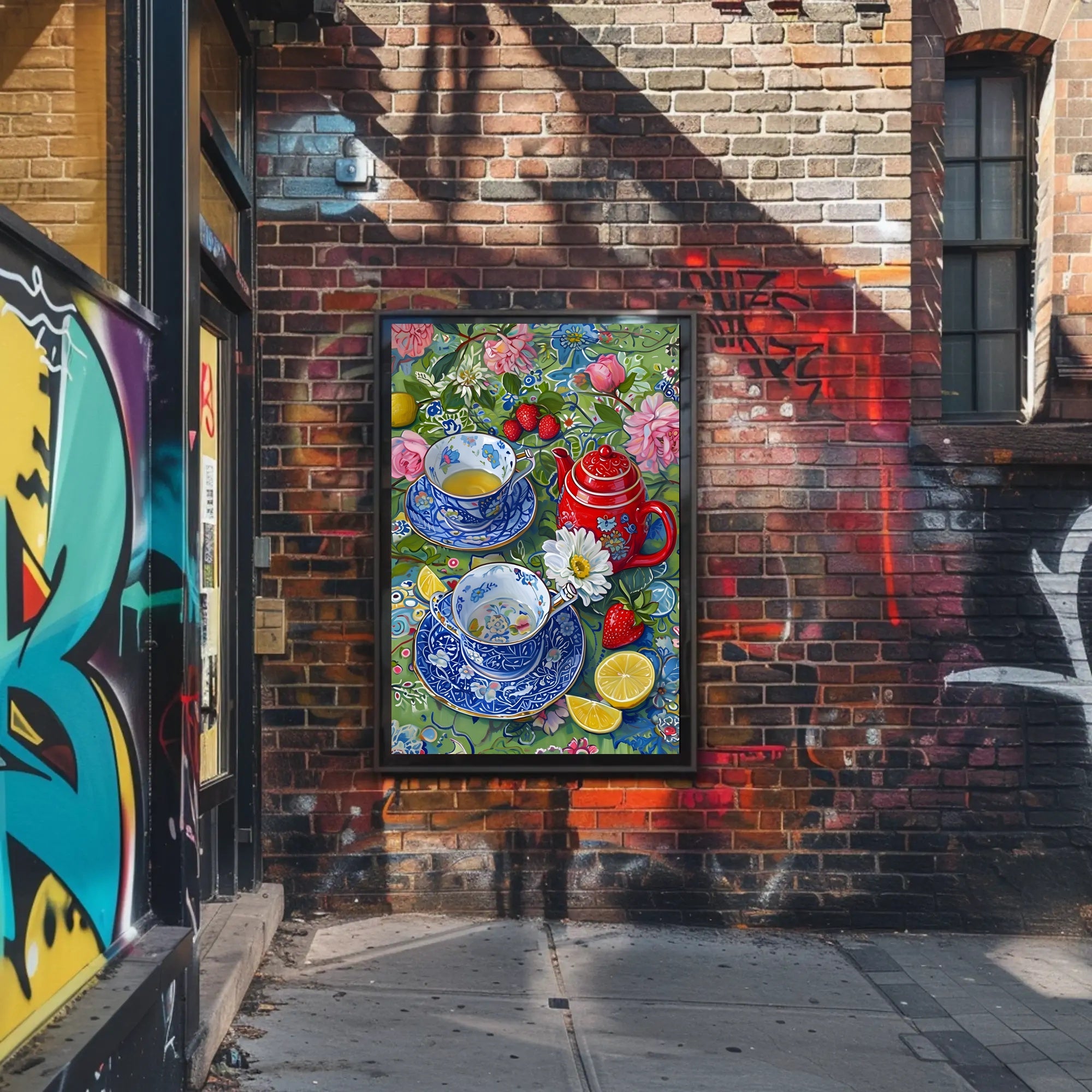 Vibrant Floral Tea Scene Poster with Artistic Poster PosterGoat