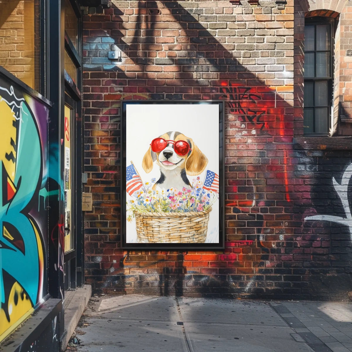 Beagle Puppy With Red Sunglasses In Flower Basket Poster
