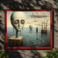 Dreamlike Landscape with Surreal Figures: Futuristic Sci-Fi Poster