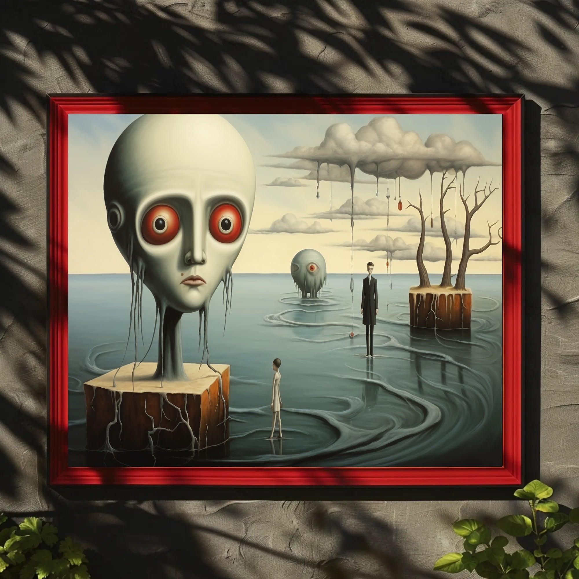 Dreamlike Landscape with Surreal Figures: Futuristic Sci-Fi Poster