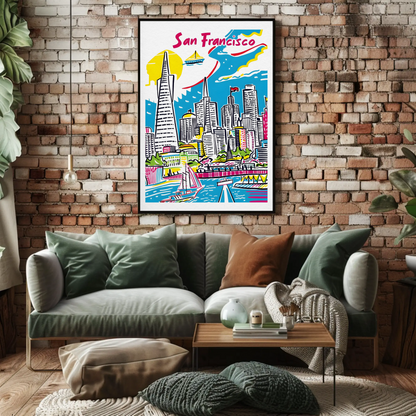San Francisco California Colorful Skyline Waterfront Travel Poster