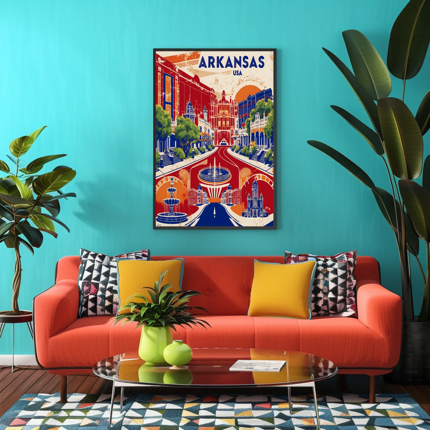 Arkansas Grand Street Circle Vintage Maroon Travel Poster USA