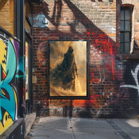 Mysterious Robed Figure with Glowing Sword Fantasy Poster PosterGoat