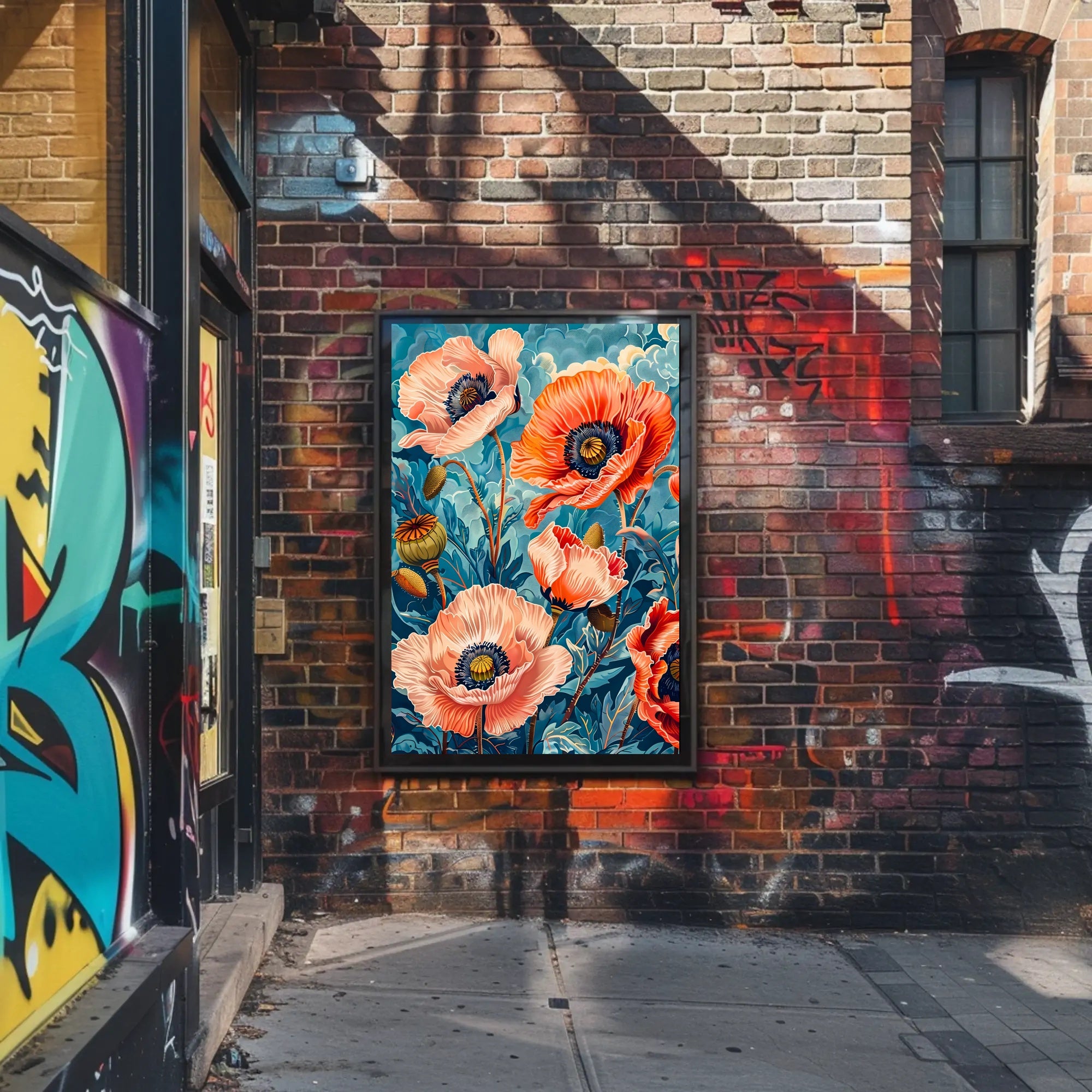 Vibrant Poppy Botanical Art with Vintage Flair Poster