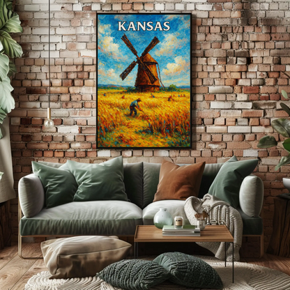 Kansas Windmill Wheat Field Harvest Painting Poster Poster