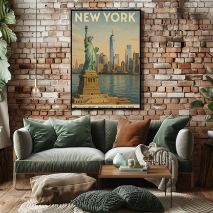 Statue Of Liberty Manhattan Skyline Travel Poster