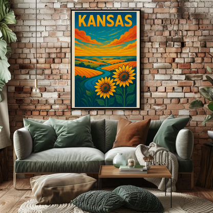 Kansas Sunflower Fields River Prairie Landscape Travel Poster