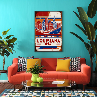 Louisiana USA French Quarter Street Vintage Maroon Travel Poster