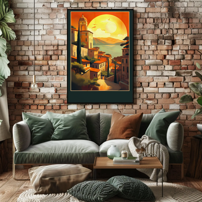 Sunset Over Mediterranean Village Coastline Travel Poster