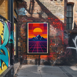 Retro-Futuristic Sunrise on Geometric Sci-Fi Landscape Poster