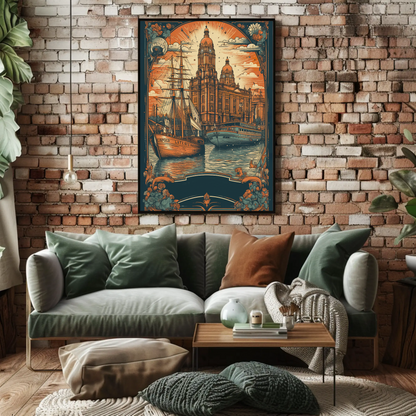 Historic Harbor Ship Architecture Floral Sunset Travel Poster