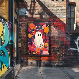 Ghostly Figure Amidst Flowers Whimsical Playful Poster