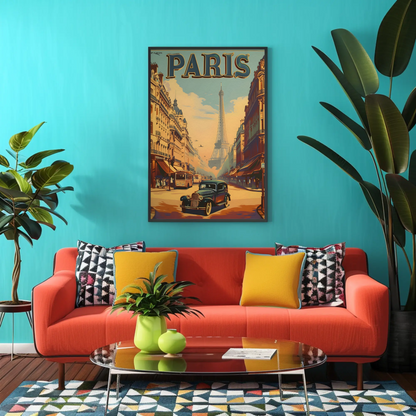 Classic Parisian Avenue Eiffel Backdrop Vintage Travel Poster