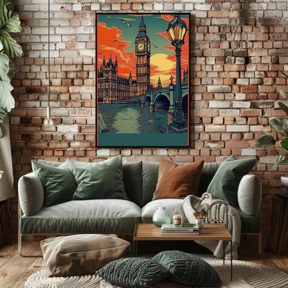 Big Ben London Sunset River Bridge Travel Poster