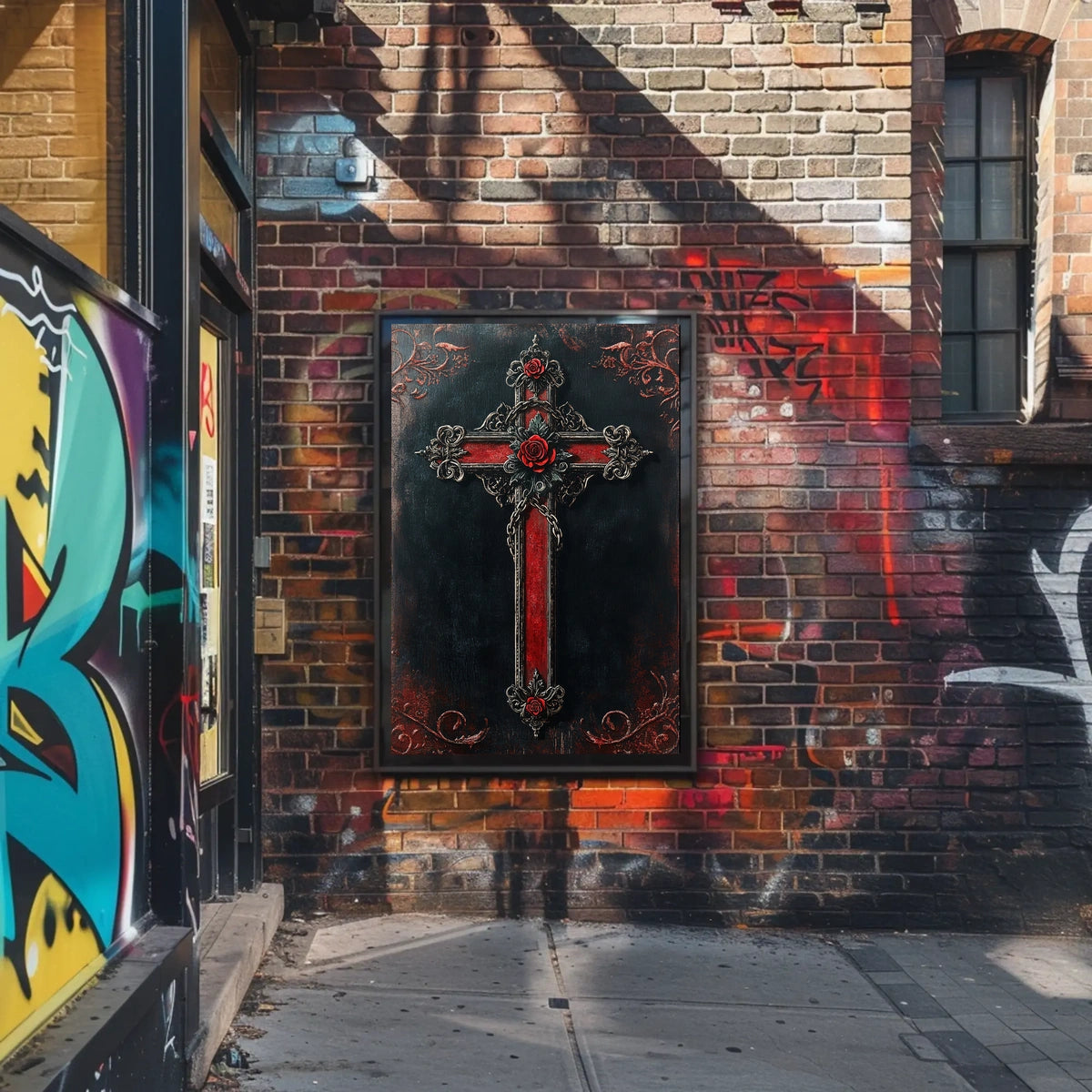 Stylized Ornate Cross with Roses Poster