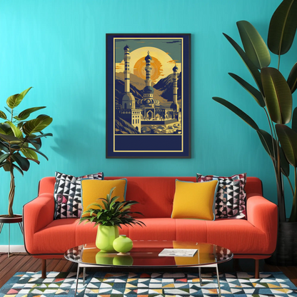 Majestic Mountain Mosque Sunburst Vintage Travel Poster
