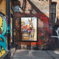 Cheerful Donkey Beside Barrel Surrounded By Flowers Poster