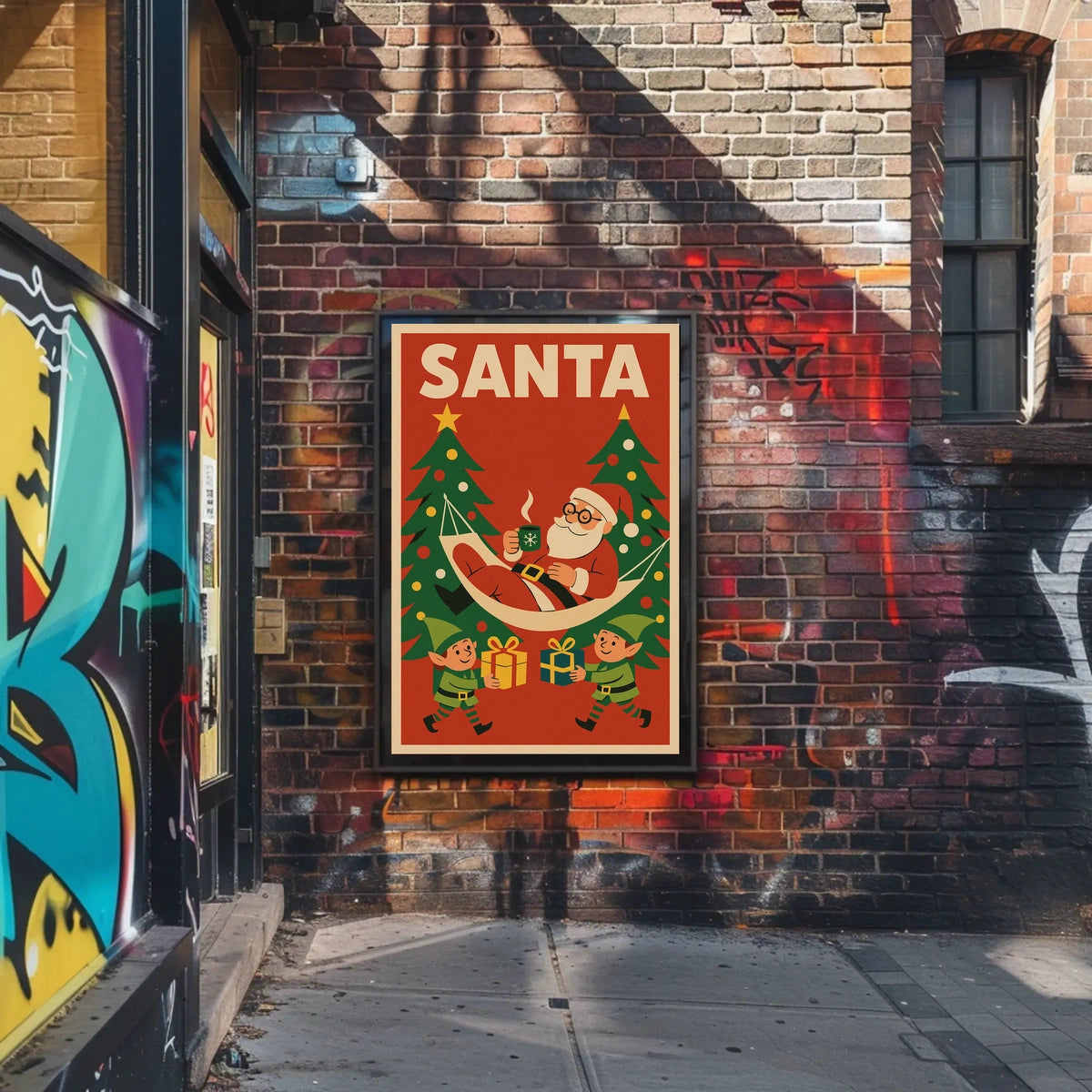 Santa Claus Relaxing in Vintage Christmas Poster