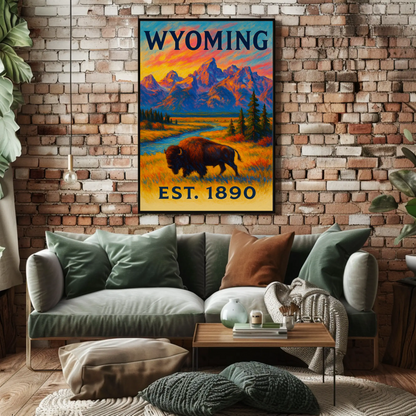 Wyoming Bison Mountains Sunset Vibrant Scenic Travel Poster