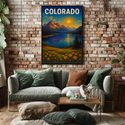 Colorado Sunset Mountain Lake Wildflower Travel Poster