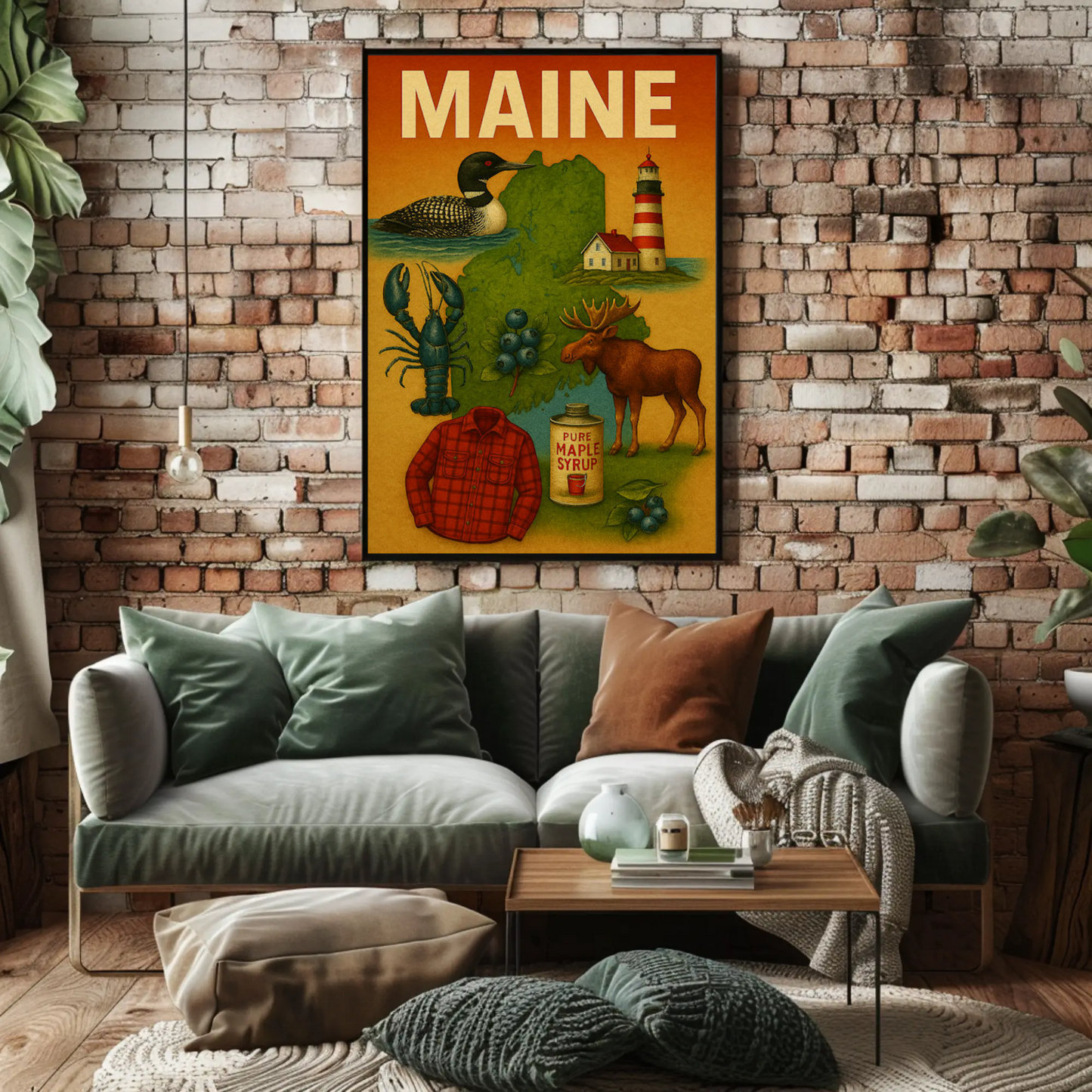 Maine State Symbols Moose Maple Lighthouse Poster