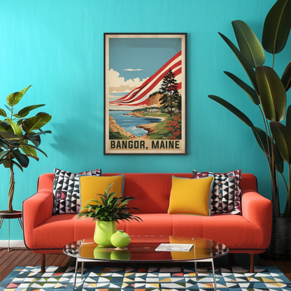 Bangor Maine Coastal Cliffside Vintage Travel Poster