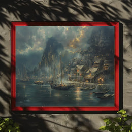 Harbor Scene: Nostalgic Maritime Fantasy Art Poster